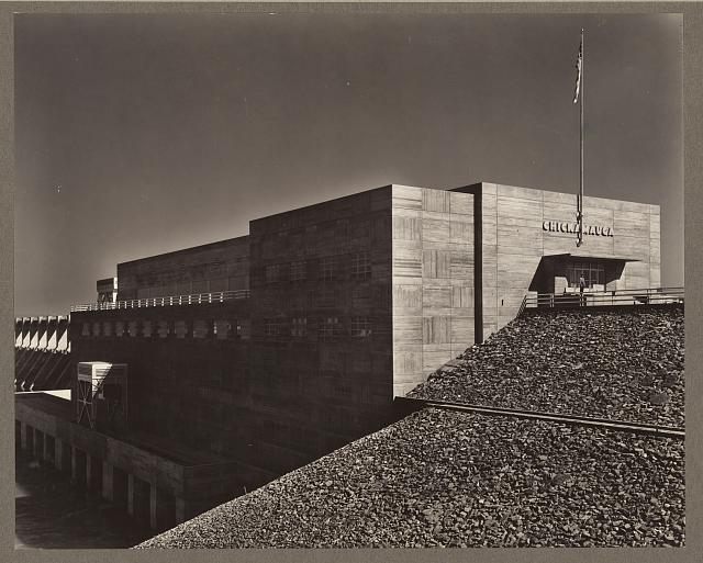 Chicamauga Dam, near Chattanooga, Tenn. 1935? Powerhouse and a portion of the spillway.