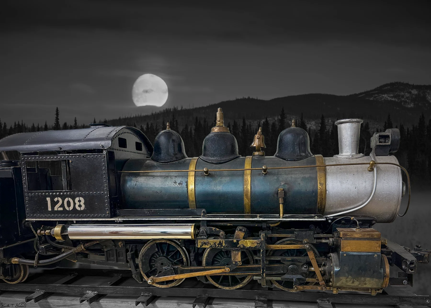 Vintage steam locomotive under moonlit sky